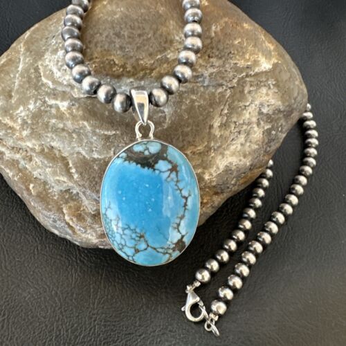 Men's Navajo Blue Spiderweb Turquoise Pendant Necklace | Sterling Silver | Authentic Native American Handmade | 16300