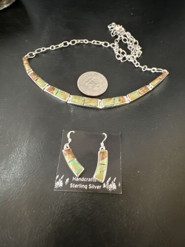 Navajo Choker Necklace with Blue #8 Turquoise Inlay | Sterling Silver Earrings Set | Authentic Native American Handmade | 16266