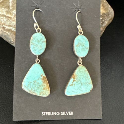 Navajo Blue Kingman Turquoise Dangle Earrings | Sterling Silver | Authentic Native American Handmade | 15124