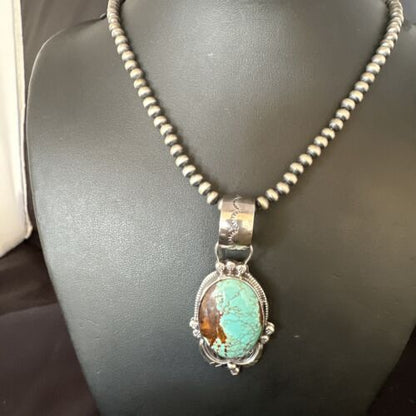 Men's Blue #8 Turquoise Pendant Necklace | Navajo Sterling Silver | Authentic Native American Handmade | 14975