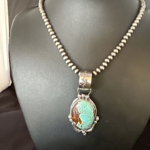 Men's Blue #8 Turquoise Pendant Necklace | Navajo Sterling Silver | Authentic Native American Handmade | 14975