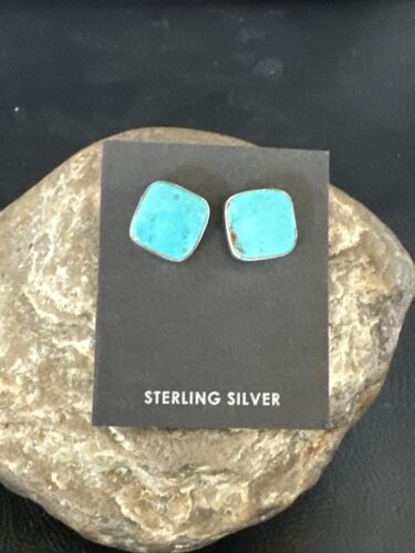 Navajo Blue Kingman Turquoise Post Stud Earrings | Sterling Silver | Authentic Native American Handmade | 17409