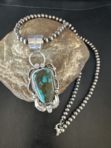 Navajo Blue Spiderweb Turquoise Pendant Necklace | Sterling Silver Pearls | Authentic Native American Handmade | 15095