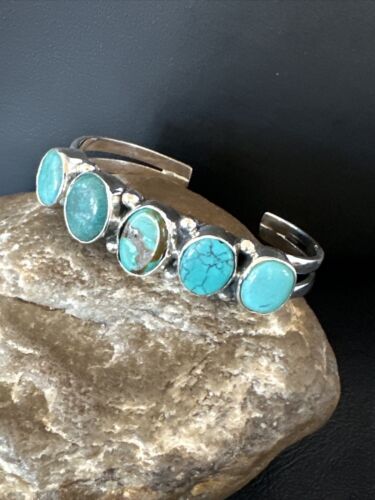 Women's Blue Turquoise 5-Stone Cuff Bracelet | Navajo Sterling Silver | Authentic Native American Jewelry | 16280