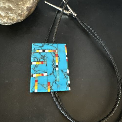 Men's Turquoise Orange Spiny Oyster Bolo Tie | Sterling Silver | Santo Domingo | 15501