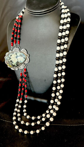 Navajo White Buffalo Turquoise and Coral Pendant Necklace | Sterling Silver | Authentic Native American Handmade | 15495