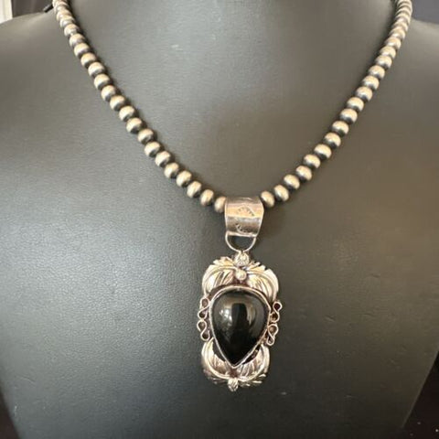 Native Mens Pendant Navajo Pearls Sterling Silver Black Onyx Necklace 16129