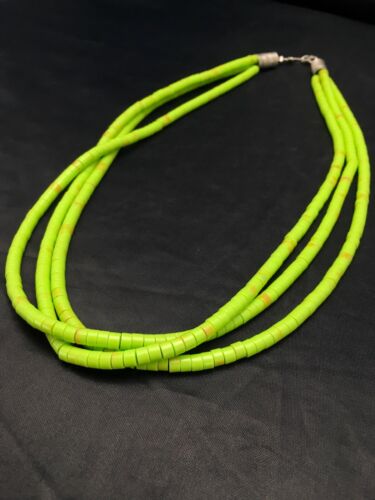 Heishi Bead Necklace Stabilized Gaspeite | 3-Strand | Sterling Silver | Native American Handmade | 2599