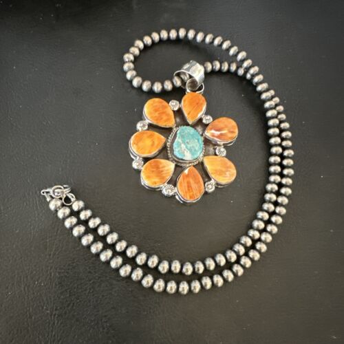 Navajo Blue Turquoise | Spiny Oyster Pendant Necklace | Sterling Silver | Multi-Stone | 16861