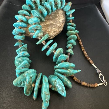 Navajo Blue Kingman Nugget Turquoise Necklace | Sterling Silver | 32" | Authentic Native American Handmade | 15287