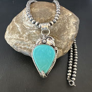 Navajo Blue Turquoise Pendant Necklace | Sterling Silver Pearls | Authentic Native American Handmade | 15648