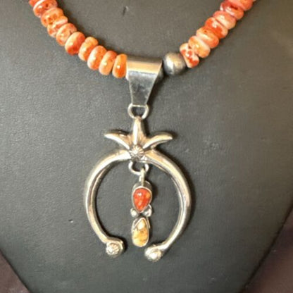 Navajo Red Spiny Oyster Naja Pendant Necklace | Sterling Silver | 23" | Authentic Native American Handmade | 17659