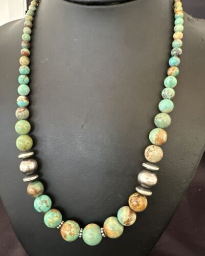 Navajo Green Turquoise Bead Necklace | Sterling Silver | Graduated | 20" | Authentic Native American | 17433
