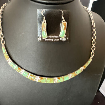 Navajo Choker Necklace with Blue #8 Turquoise Inlay | Sterling Silver Earrings Set | Native American Handmade | 16265