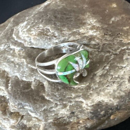 Navajo Bear Inlay Ring | Opal Green Turquoise | Sz 7.5 | Authentic Native American Handmade | 15395