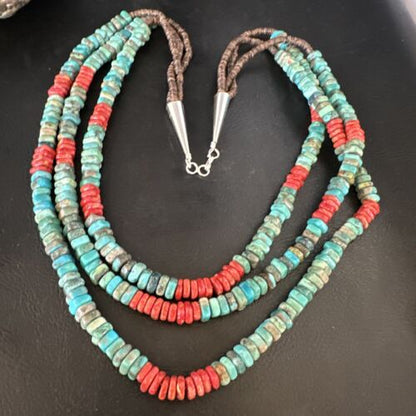 Women's Turquoise Spiny Oyster 3-Strand Necklace | Navajo Pearl Sterling Silver | 15157