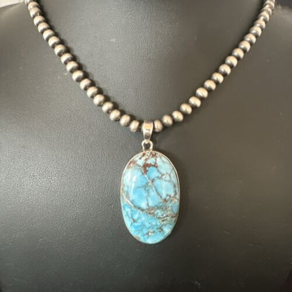 Navajo Blue Spiderweb Turquoise Pendant Necklace | Sterling Silver | Authentic Native American Handmade | 17020