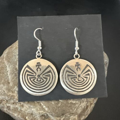 Hopi Man in the Maze Dangle Earrings | Sterling Silver | Authentic Native American Handmade | 16842