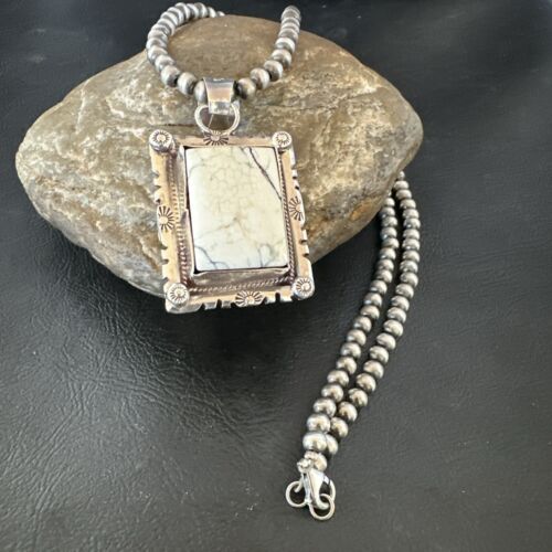 White Buffalo Turquoise Pendant | Navajo Pearls Sterling Silver Necklace | Authentic Native American Handmade | 17102