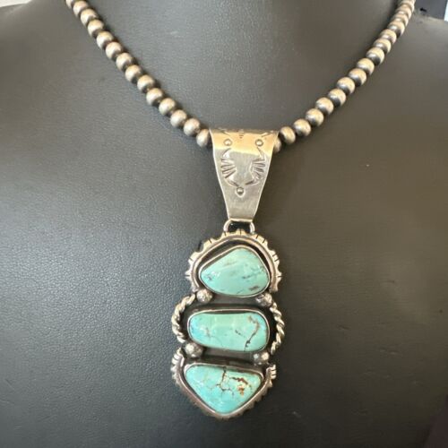 Navajo Blue Kingman Turquoise 3-Stone Cluster Pendant | Sterling Silver | Authentic Native American Handmade | 17631