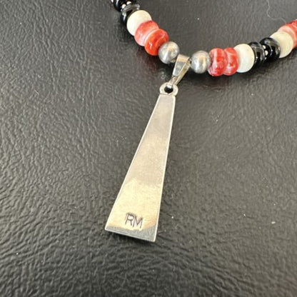 Navajo Turquoise Spiny Oyster Inlay Pendant Necklace | Sterling Silver | Authentic Native American Handmade | 13562