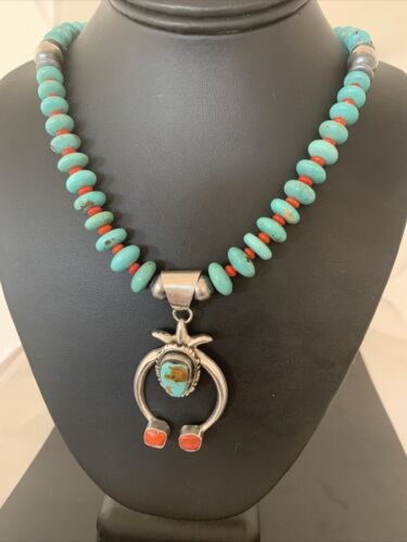Navajo Blue Turquoise Coral Naja Pendant Necklace | Sterling Silver | Authentic Native American Handmade | 02082