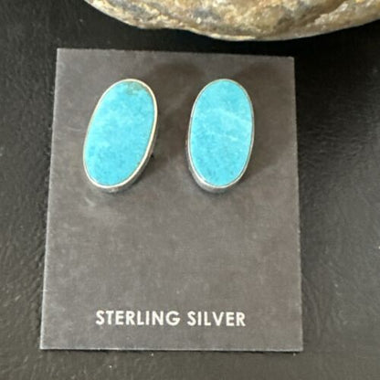 Navajo Blue Kingman Turquoise Post Stud Earrings | Sterling Silver | Authentic Native American Handmade | 17411
