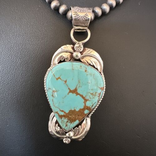 Navajo Blue Turquoise #8 Pendant | Sterling Silver Pearls Necklace | Authentic Native American Handmade | 15443