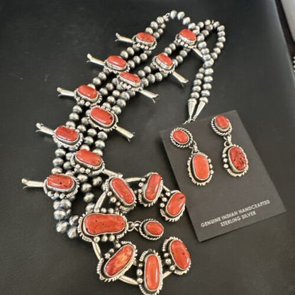 Navajo Red Coral Naja Pendant | Sterling Silver Squash Blossom Necklace & Earrings | 17047