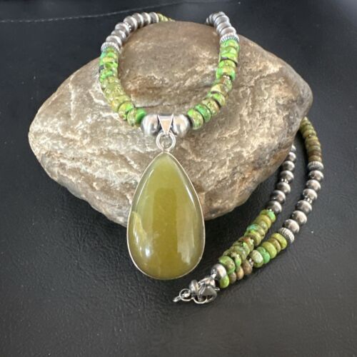 Navajo Green Turquoise Pendant with Pearls | Sterling Silver Necklace | Authentic Native American Handmade | 16917