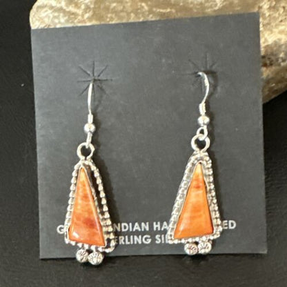 Navajo Orange Spiny Oyster Dangle Earrings | Sterling Silver | Authentic Native American Handmade | 17275