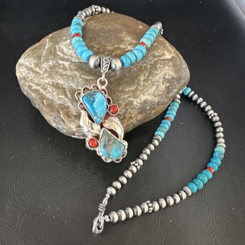 Navajo Blue Turquoise | Coral Pendant Necklace | Sterling Silver | Multi-Stone | 15256