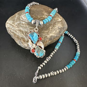 Navajo Blue Turquoise | Coral Pendant Necklace | Sterling Silver | Multi-Stone | 15256
