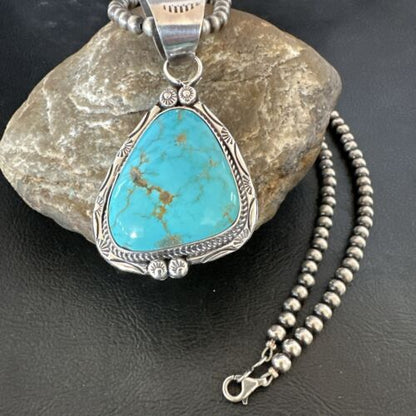 Navajo Blue Kingman Turquoise Necklace Pendant | Sterling Silver | Authentic Native American Handmade | 17476
