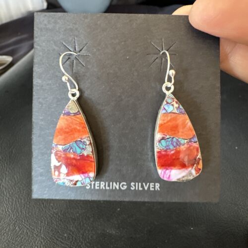 Navajo Blue Turquoise Red Spiny Oyster Inlay Dangle Earrings | Sterling Silver | 15560