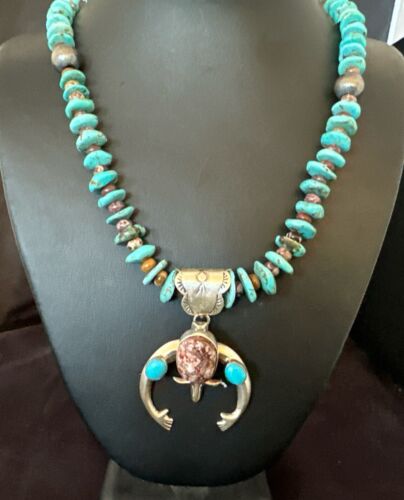 Navajo Sterling Silver Turquoise Wild Horse Naja Necklace Pendant | Authentic Native American Handmade | 16812