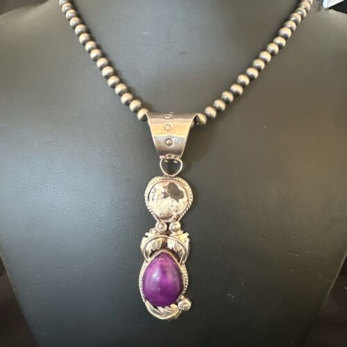 White Buffalo Turquoise & Sugilite Pendant | Navajo Pearls | Sterling Silver | Native American Handmade | 16871