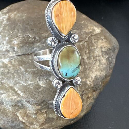 Navajo Green Turquoise Spiny Oyster Multi-Stone Ring | Authentic Native American Sterling Silver | Sz 10.5 | 16716