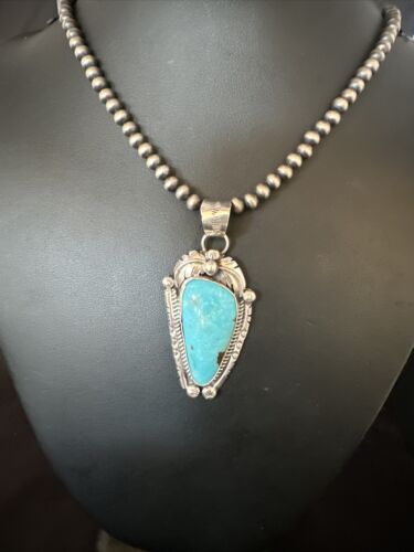 Navajo Kingman Turquoise Pendant Necklace | Sterling Silver | Native American Handmade | 15216