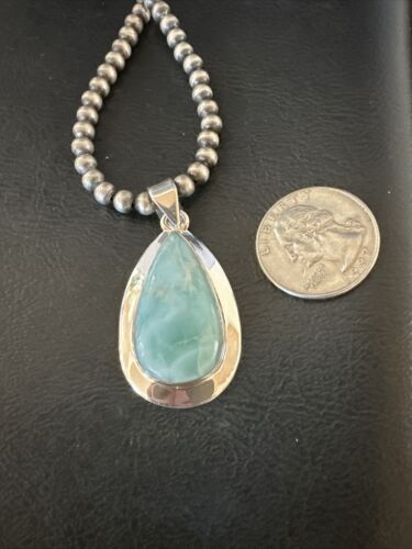 Navajo Blue Larimar Pendant Necklace | Sterling Silver Beads | Authentic Native American Handmade | 17568