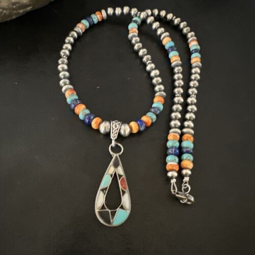 Navajo Spiny Oyster Turquoise Lapis Inlay Pendant Necklace | Sterling Silver | 21" | Authentic Native American Handmade | 16768