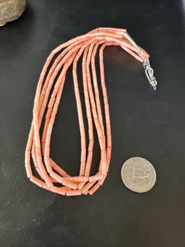 Navajo Pink Coral Tube Heishi Bead Necklace | 5-Strand Sterling Silver | 18" | Authentic Native American Handmade | 15278