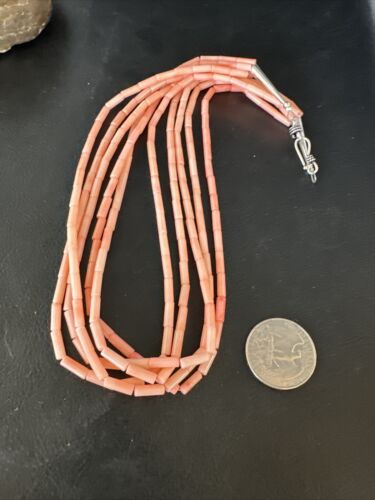 Navajo Pink Coral Tube Heishi Bead Necklace | 5-Strand Sterling Silver | 18" | Authentic Native American Handmade | 15278 - Masha USA