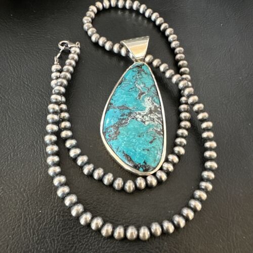 Men's Navajo Blue Spiderweb Turquoise Pendant Necklace | Sterling Silver | Authentic Native American Handmade | 16206