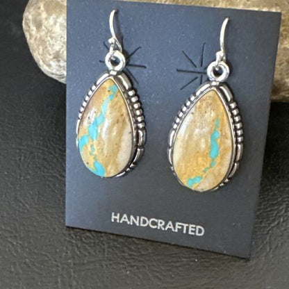 Navajo Blue Boulder Turquoise Dangle Earrings | Sterling Silver | Authentic Native American Handmade | 16497