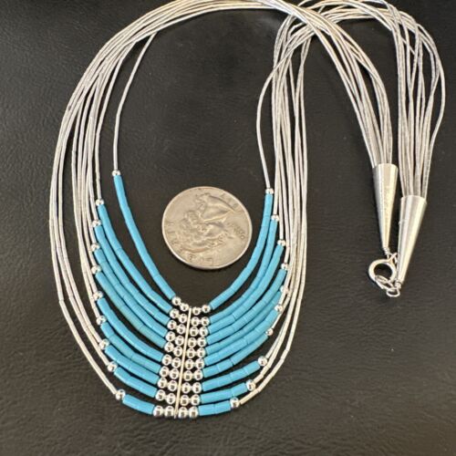 Navajo Blue Turquoise Necklace | 10-Strand | Sterling Liquid Silver Tube Heishi | 22" | 16449