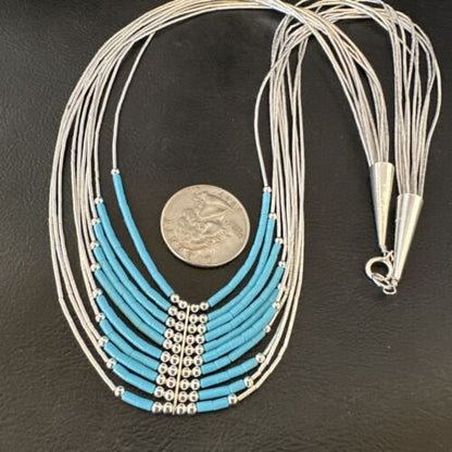 Navajo Blue Turquoise Necklace | 10-Strand | Sterling Liquid Silver Tube Heishi | 22" | 16449