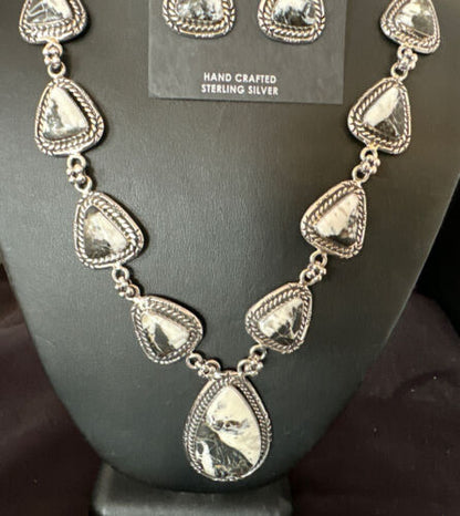 Navajo White Buffalo Turquoise Lariat Necklace | Sterling Silver Earrings | Authentic Native American Handmade | 16267