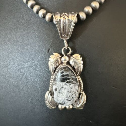 Navajo White Buffalo Turquoise Pendant Necklace | Sterling Silver | Authentic Native American Handmade | 17521