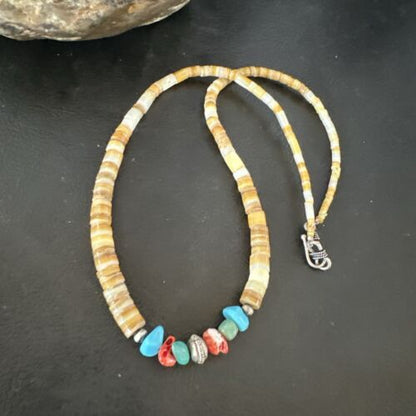Authentic Native American Santo Domingo Shell Red Coral Blue Turquoise Onyx Necklace | 18" | 16946